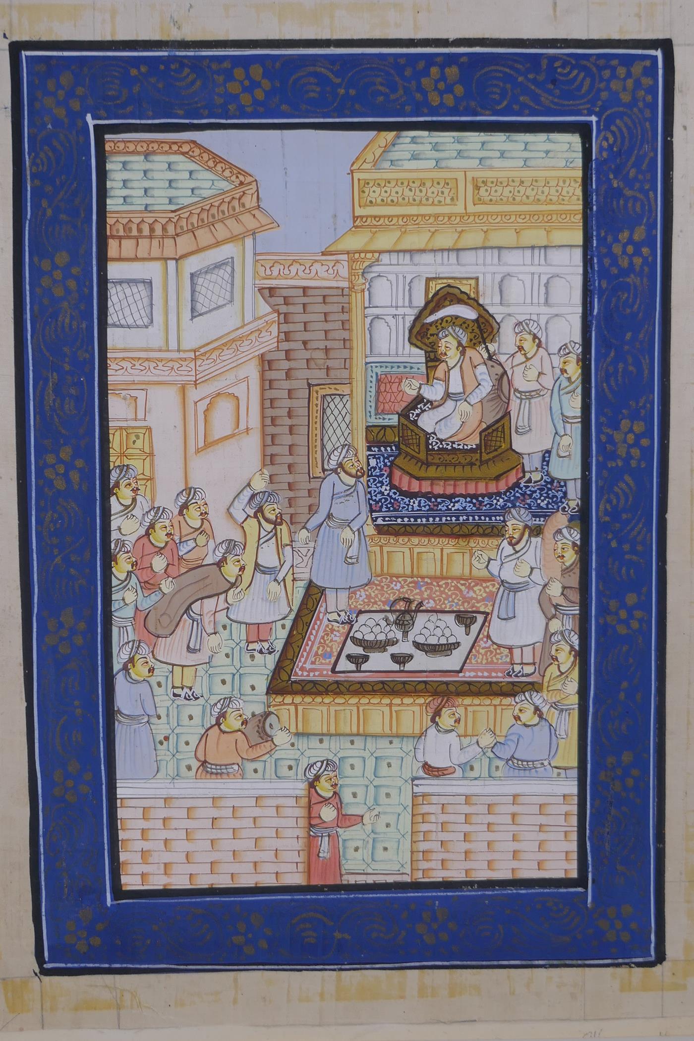 Five Indian miniature paintings on silk depicting court scenes, largest 24 x 31cm - Image 3 of 6