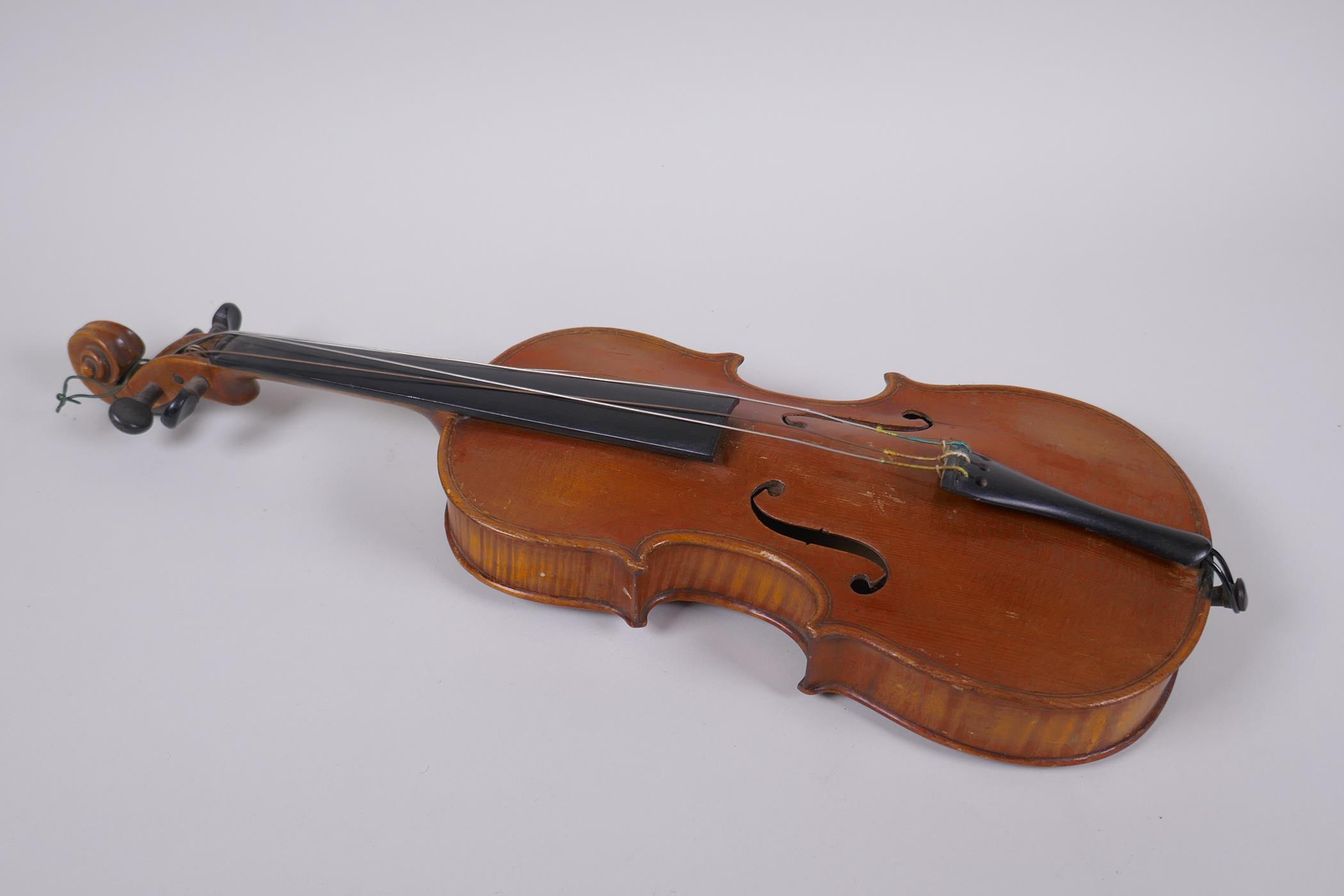 An antique half size violin with a two piece back and ebony finger board, 46cm long - Image 2 of 5