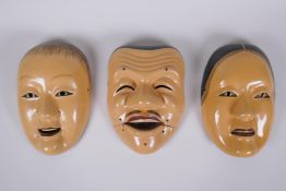 Three Japanese lacquer Noh theatre masks, 1AF, 22cm