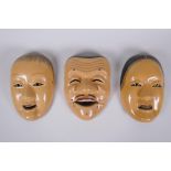 Three Japanese lacquer Noh theatre masks, 1AF, 22cm