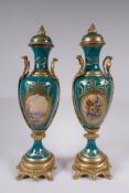 A pair of Sevres style porcelain urns and covers with ormolu mounts and handles, with decorative