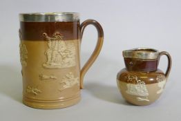 Doulton Lambeth tankard decorated with hunt scenes and silver rim, Richard Hodd & Son, London