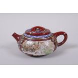 A Chinese YiXing tea pot with enamelled decoration of flowers and a riverside landscape, impressed