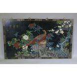 A Chinese painted four panel picture of asiatic pheasants amongst flowers, each panel 38 x 91cm