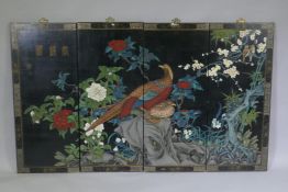 A Chinese painted four panel picture of asiatic pheasants amongst flowers, each panel 38 x 91cm