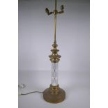 A large brass and glass column table lamp, 97cm high