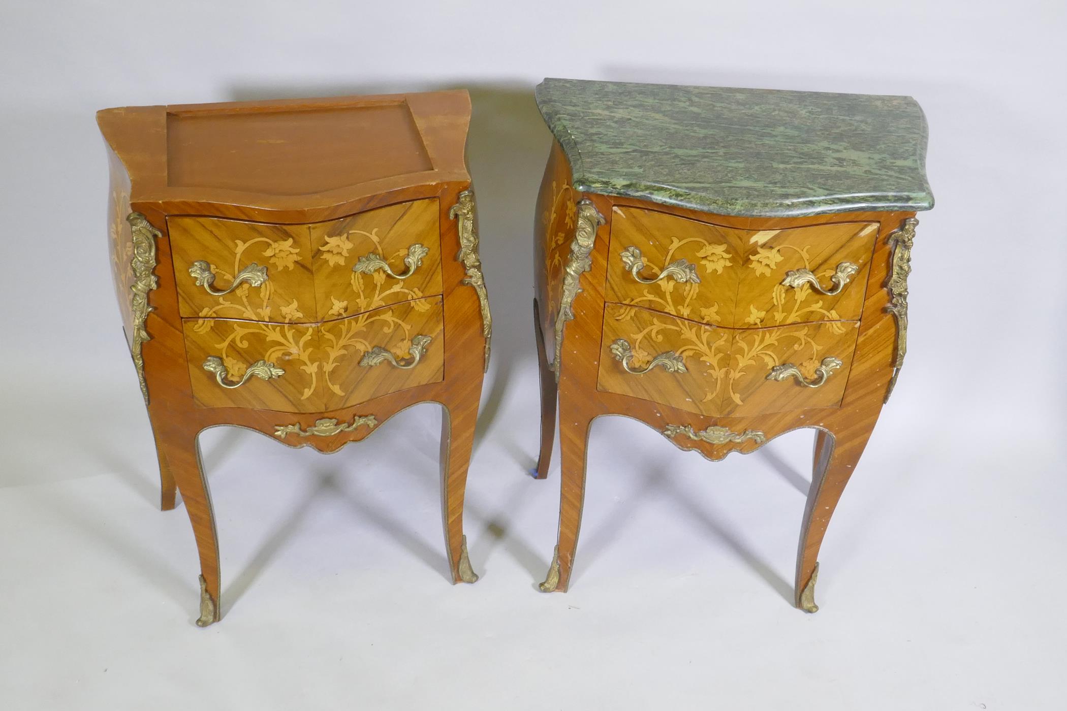 A pair of Louis XV style bombe shaped two drawer commodes with brass mounts, one lacking marble top, - Image 2 of 5