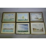 Five watercolours depicting boating scenes, monogrammed JB, and a print by Stanley Orchart, Bucklers