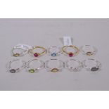Ten 925 silver and silver gilt lady's dress rings, with assorted stone settings and various sizes