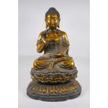 A large Chinese gilt bronze figure of Buddha seated on a lotus throne, 6 character mark to back,