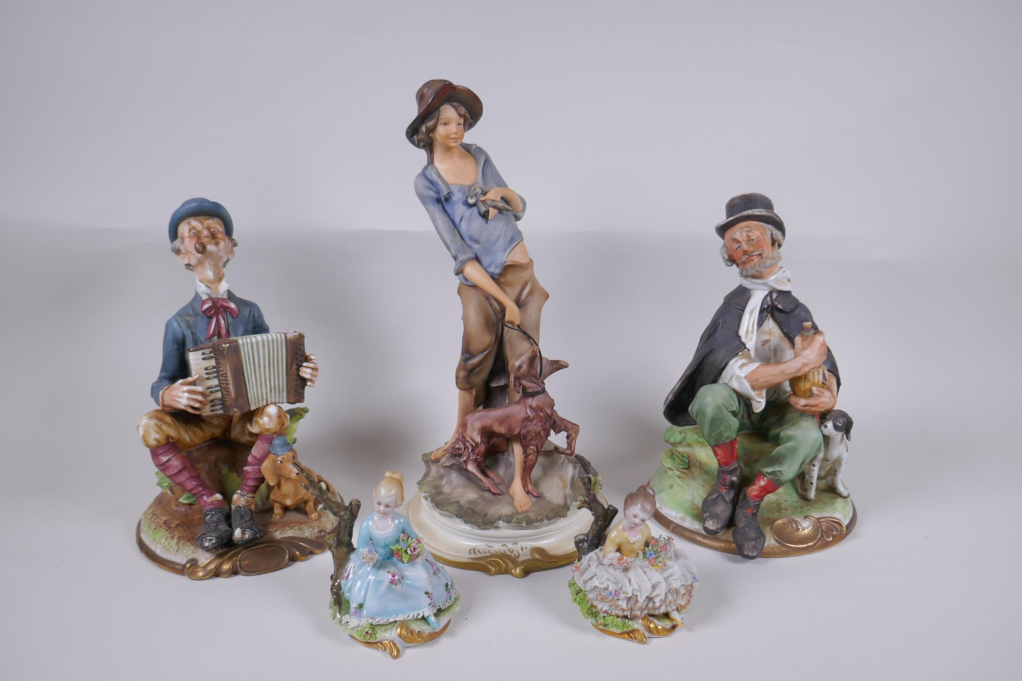 Three Capodimonte porcelain figures including a pair of ring holders in the form of seated flower