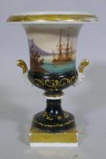 C19th porcelain urn with hand painted decoration of sailing ships in the Bay of Gibraltar, 18cm high