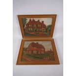 Two early C20th naive portraits of cottages by similar hands, one oil on canvas and one oil on