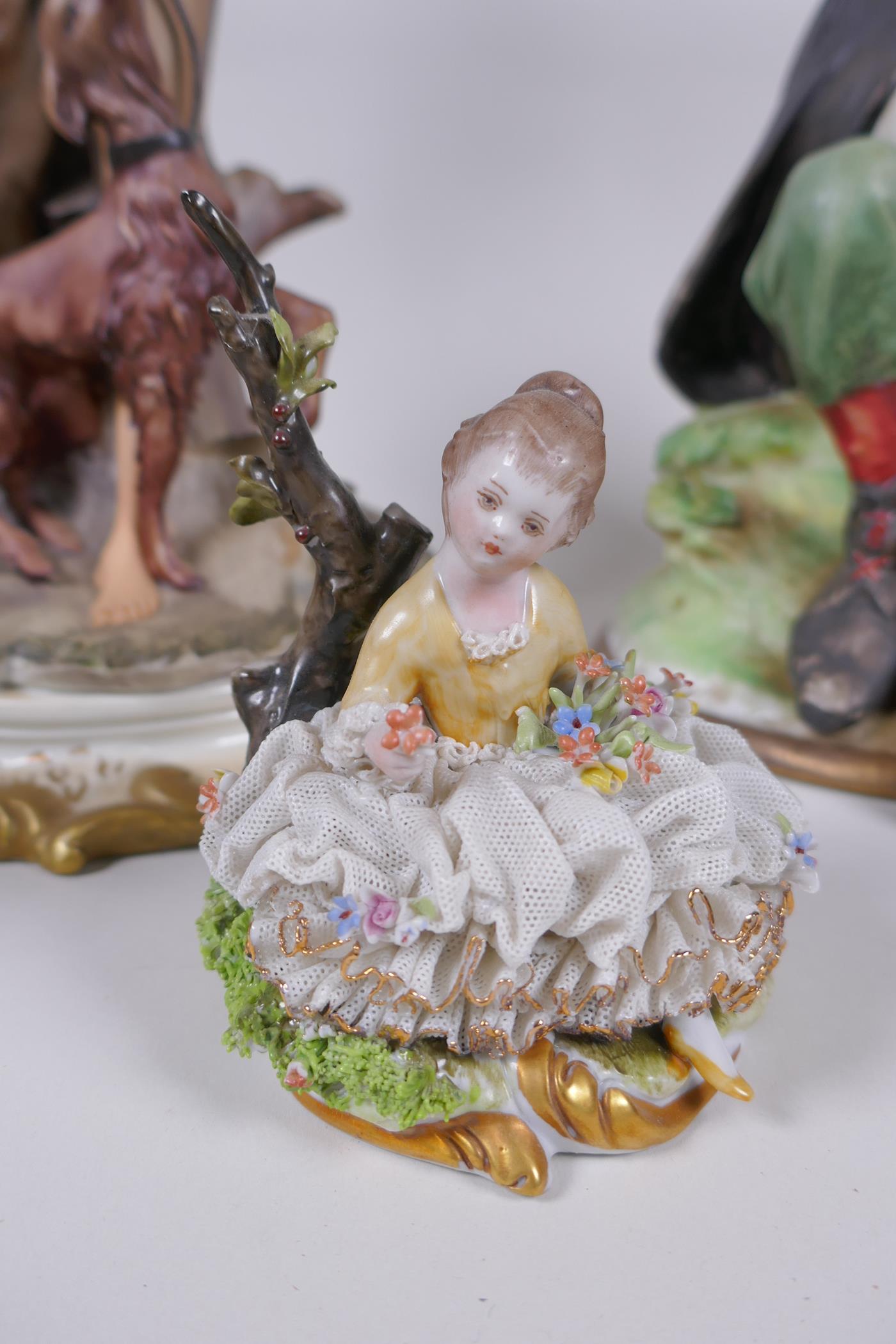 Three Capodimonte porcelain figures including a pair of ring holders in the form of seated flower - Image 2 of 8