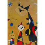 In the manner of Joan Miro, (Spanish, 1893-1983), surrealist abstract of cats, oil on canvas laid on