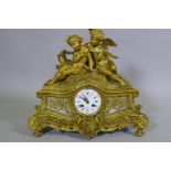 C19th French ormolu mantel clock, with winged putto surmount, the enamel dial inscribed Stevenard