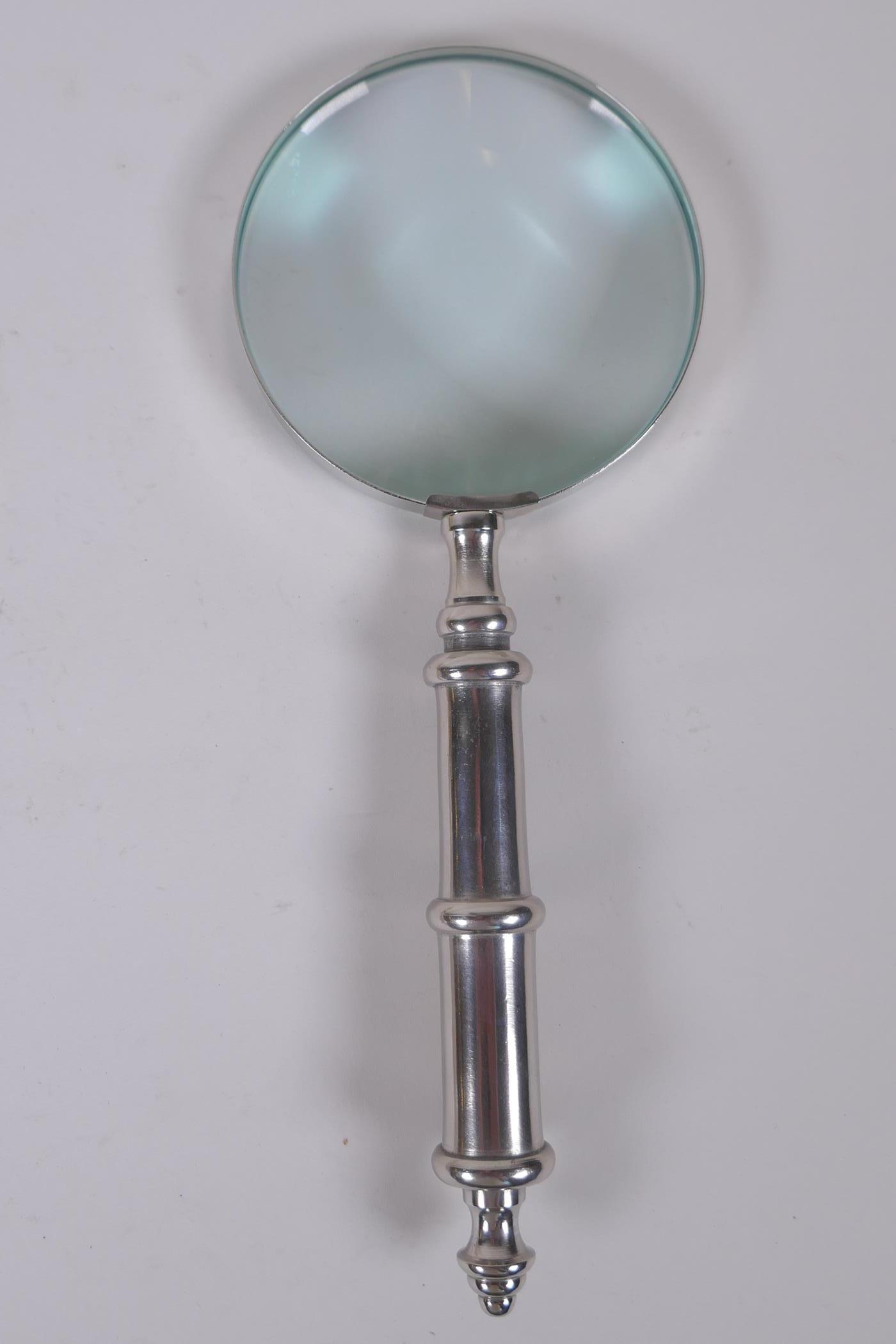 Two brass magnifying glasses with mother of pearl handles, and a similar chromed metal magnifying - Image 4 of 4