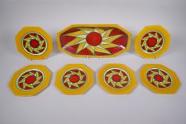 A 1920s Clarice Cliff Original Bizarre porcelain sandwich set, comprising a 334 shape sandwich