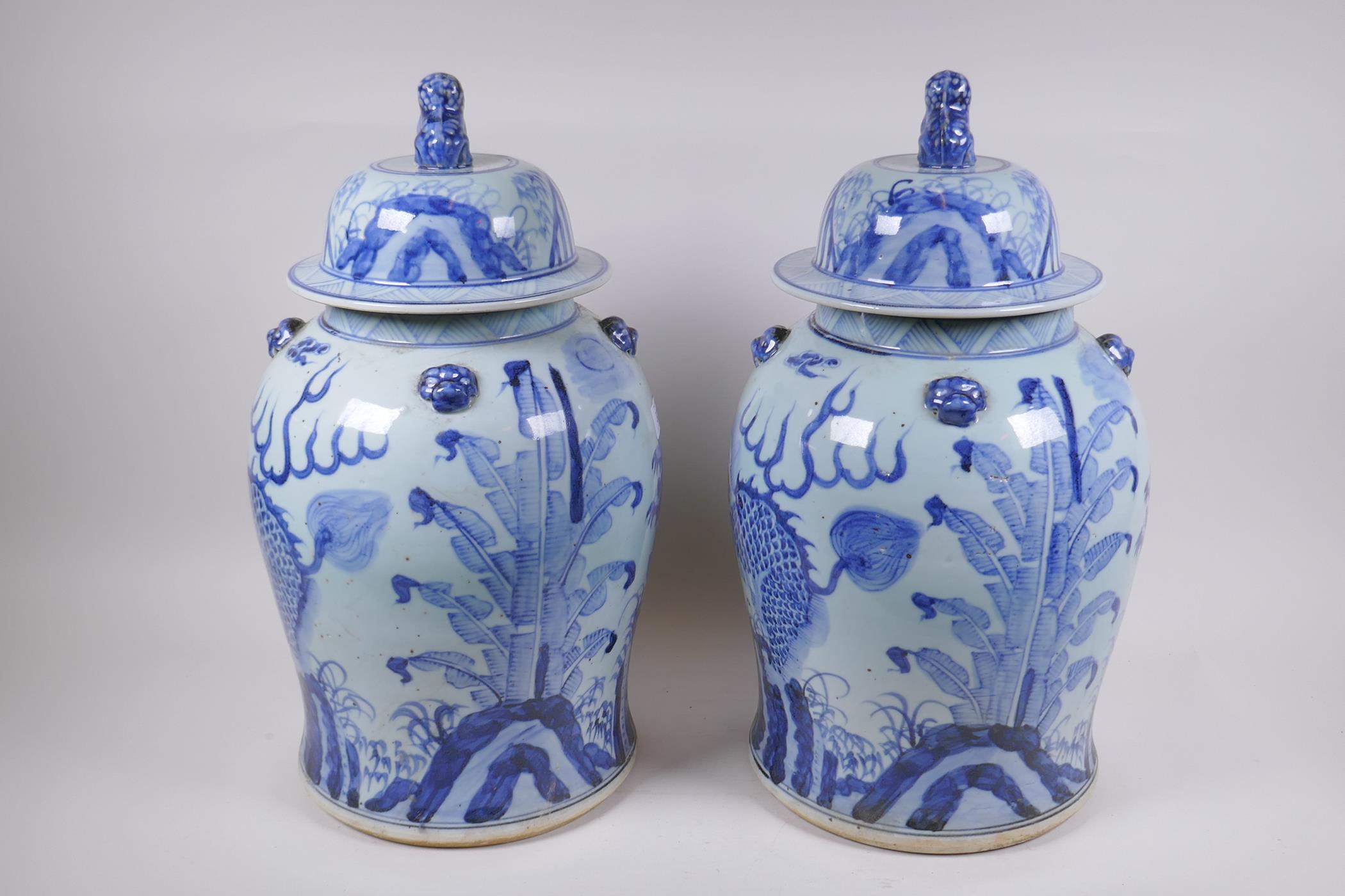 A pair of Chinese blue and white porcelain jars and covers with lion mask, kylin and Fo-dog - Image 5 of 6