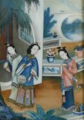 A C19th Chinese reverse painted glass painting of three women by a balcony, 40 x 55cm, AF cracked