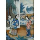 A C19th Chinese reverse painted glass painting of three women by a balcony, 40 x 55cm, AF cracked