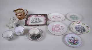 A collection of C19th lustreware porcelain to include a Sunderland Flying Cloud plaque, a Wedgwood