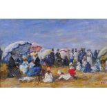 After Eugene Boudin, (French, 1824-1898), beach scene, oil on board, 35 x 25cm