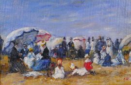 After Eugene Boudin, (French, 1824-1898), beach scene, oil on board, 35 x 25cm