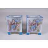 A pair of Sevres style turquoise ground porcelain planters of square form, with decorative panels