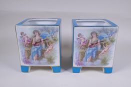 A pair of Sevres style turquoise ground porcelain planters of square form, with decorative panels