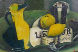 Abstract still life of lemons, oil on canvas board, initialled B.N., 41 x 28.5cm