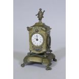 A C19th French miniature mantel clock, the case originally ormolu, the enamel dial with Roman and