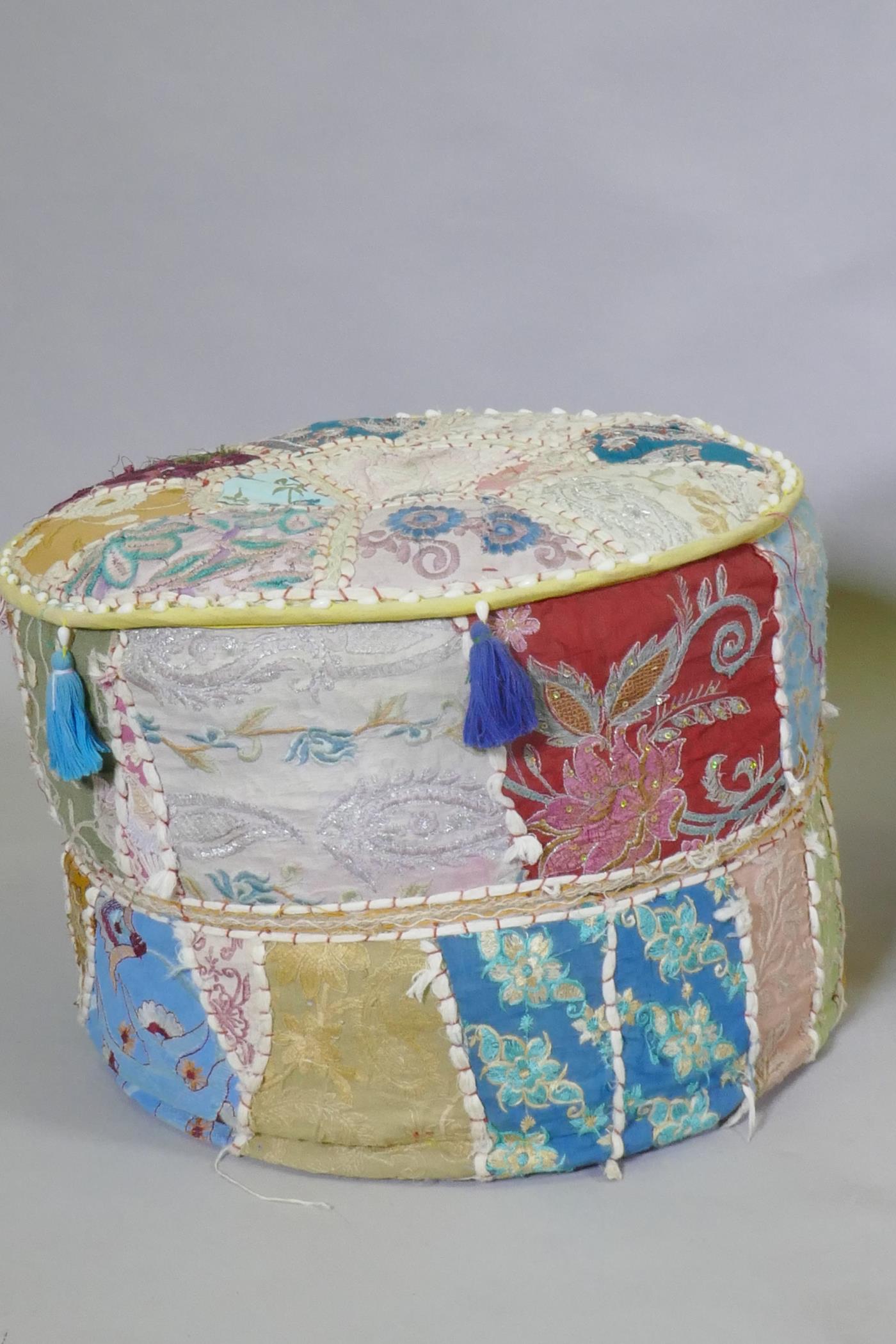 A North African leather patchwork pouffe, 60cm diameter x 35cm high, and another with Indian - Image 3 of 6