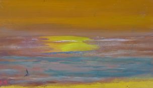 In the manner of Thomas O'Malley, coastal sunset, monogrammed and inscribed verso, unframed oil on