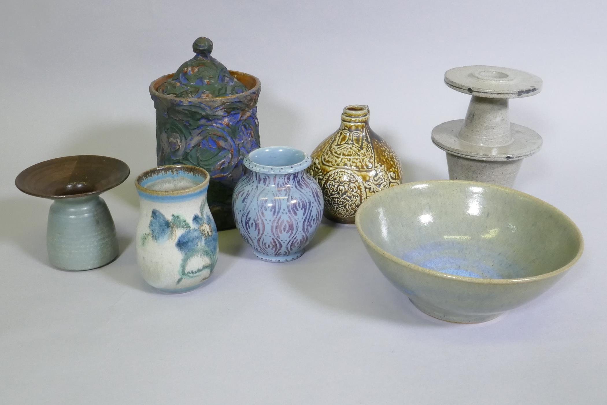 Ault pottery lustre glazed vase, 12cm high, studio pottery pots and jars, and a bowl, some marked