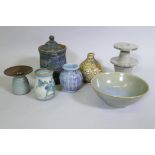 Ault pottery lustre glazed vase, 12cm high, studio pottery pots and jars, and a bowl, some marked