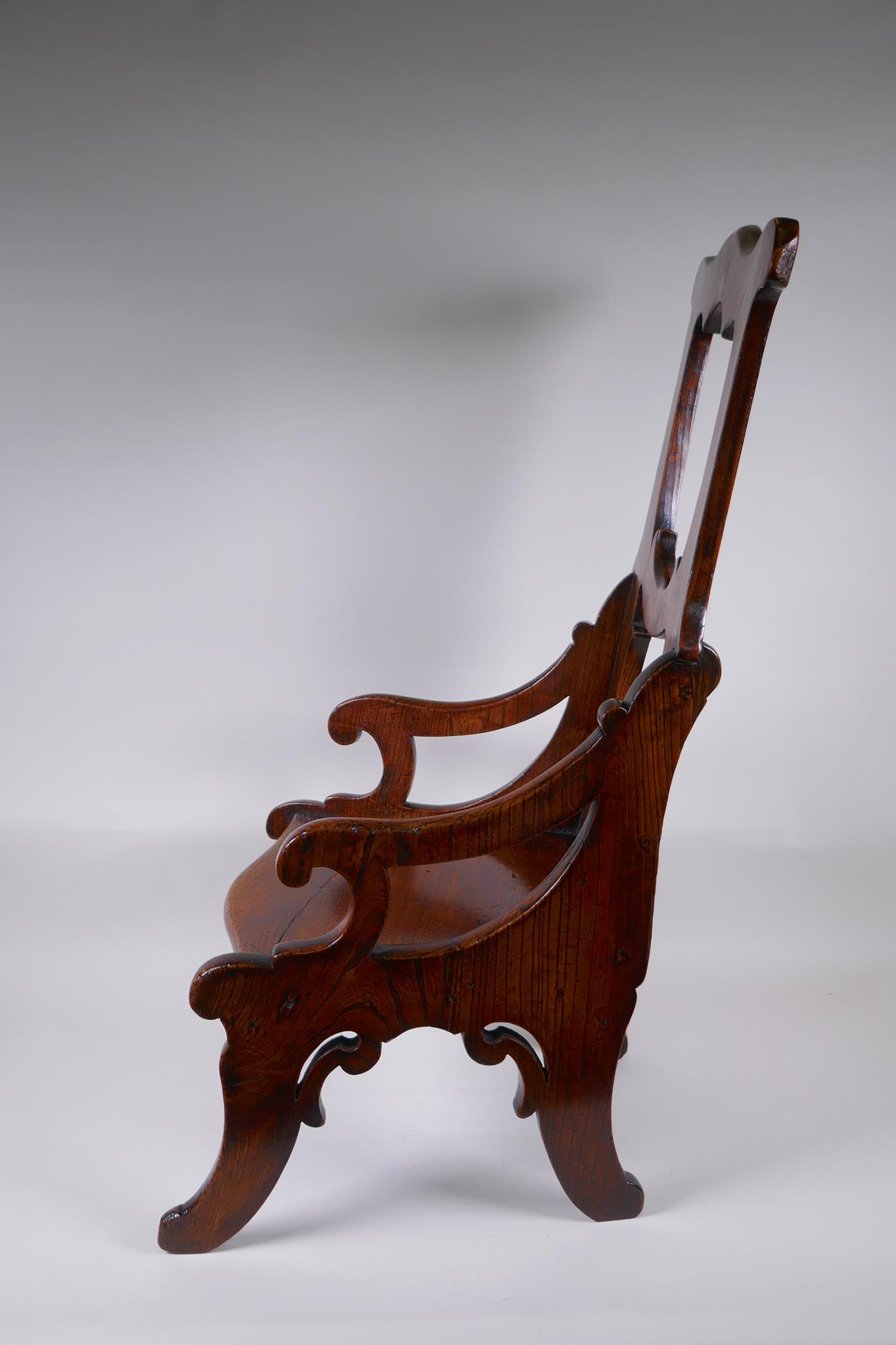 An antique elm child's high back arm chair, 72cm high - Image 3 of 5