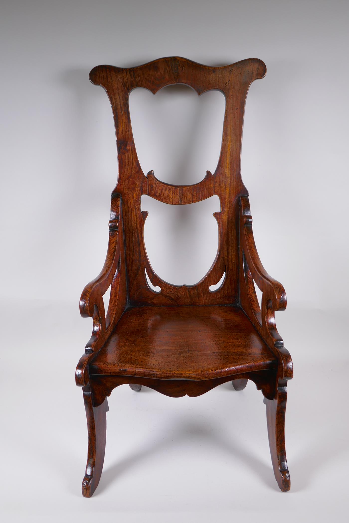 An antique elm child's high back arm chair, 72cm high - Image 2 of 5