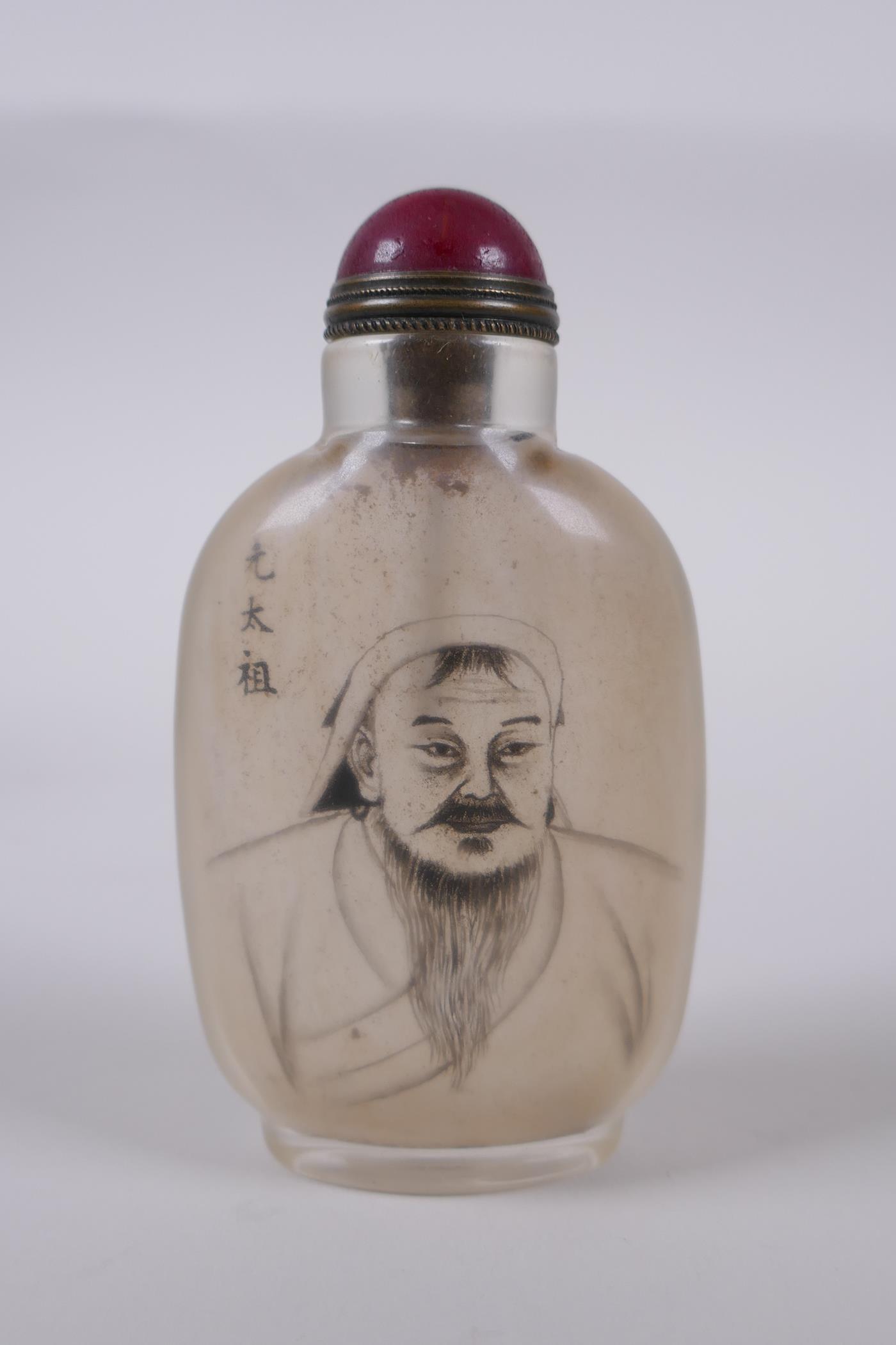 A Chinese reverse decorated glass snuff bottle decorated with a portrait of a bearded gentleman,