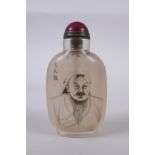 A Chinese reverse decorated glass snuff bottle decorated with a portrait of a bearded gentleman,