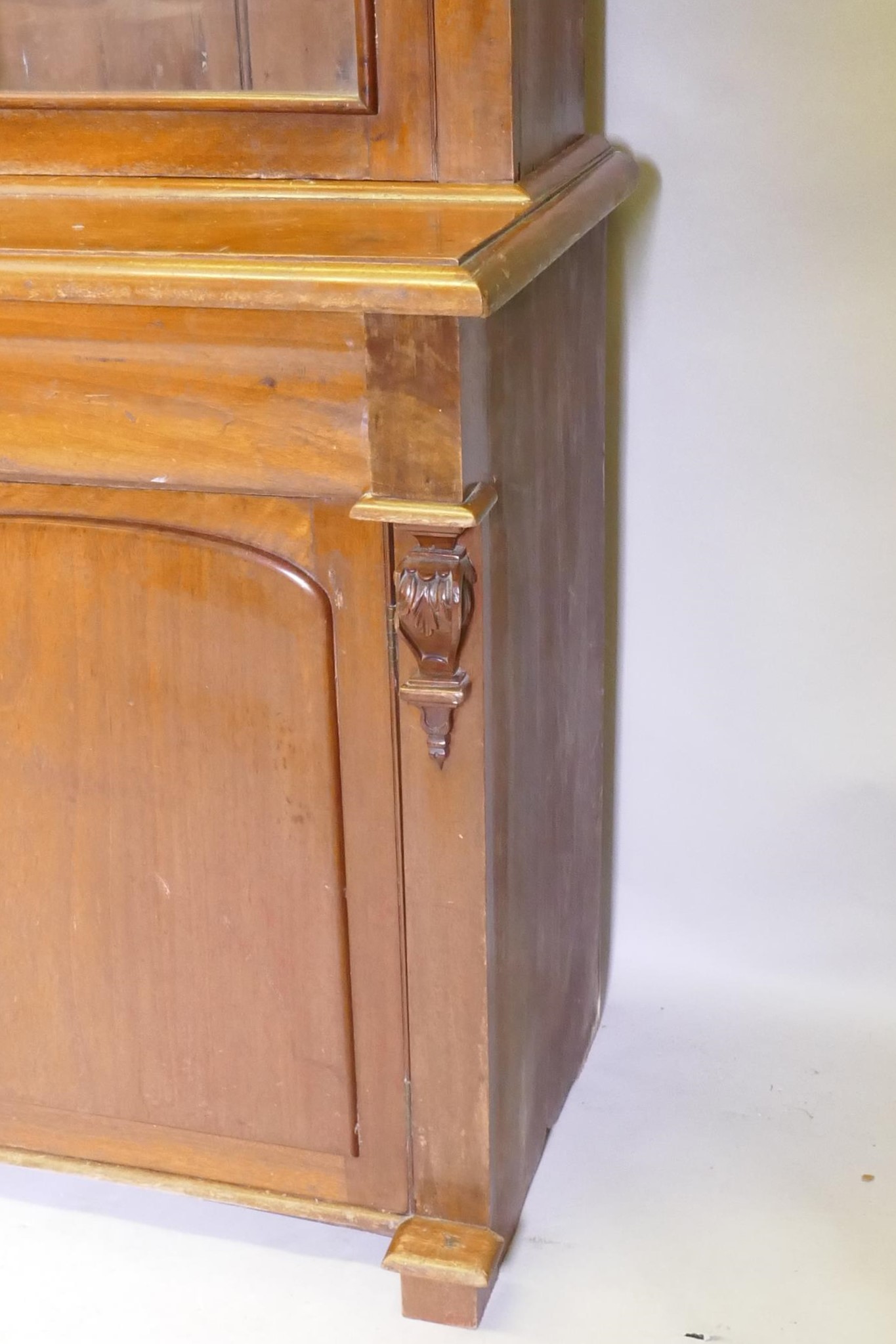 A C19th French stained fruitwood and walnut armoire de cuisine, the upper section with two glazed - Image 3 of 4