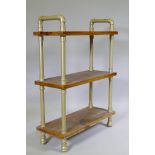An industrial style three tier buffet with hardwood shelves united by metal pipe supports, 75 x 30 x