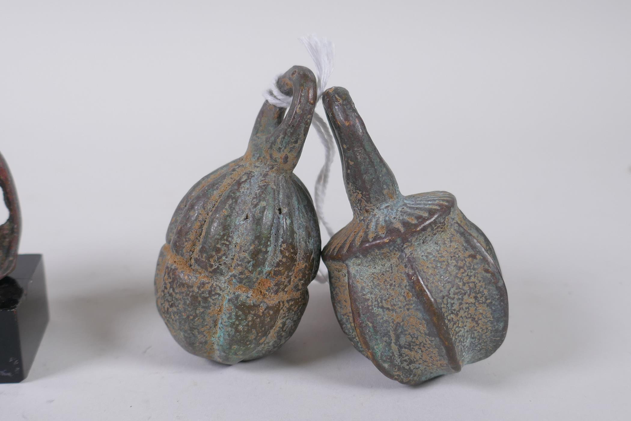 Two Chinese archaic style bronze figures, a pair of bronze scroll weight in the form of gourds and - Image 3 of 5