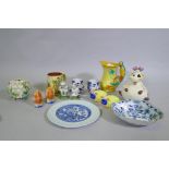 Decorative pottery, novelty salt and pepper pots, Chiari cow savings bank, Burleighware parrot