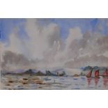 Watercolour sketch of boats in a coastal inlet, signed J.W. Herald, 18 x 25cm