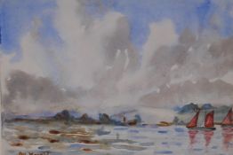 Watercolour sketch of boats in a coastal inlet, signed J.W. Herald, 18 x 25cm