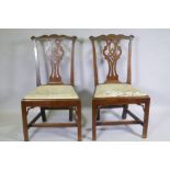 A good pair of C18th  Chippendale provincial style elm side chairs with pierced back splats,
