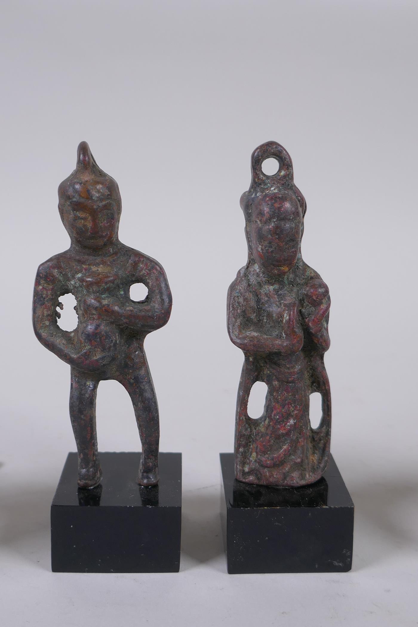 Two Chinese archaic style bronze figures, a pair of bronze scroll weight in the form of gourds and - Image 2 of 5