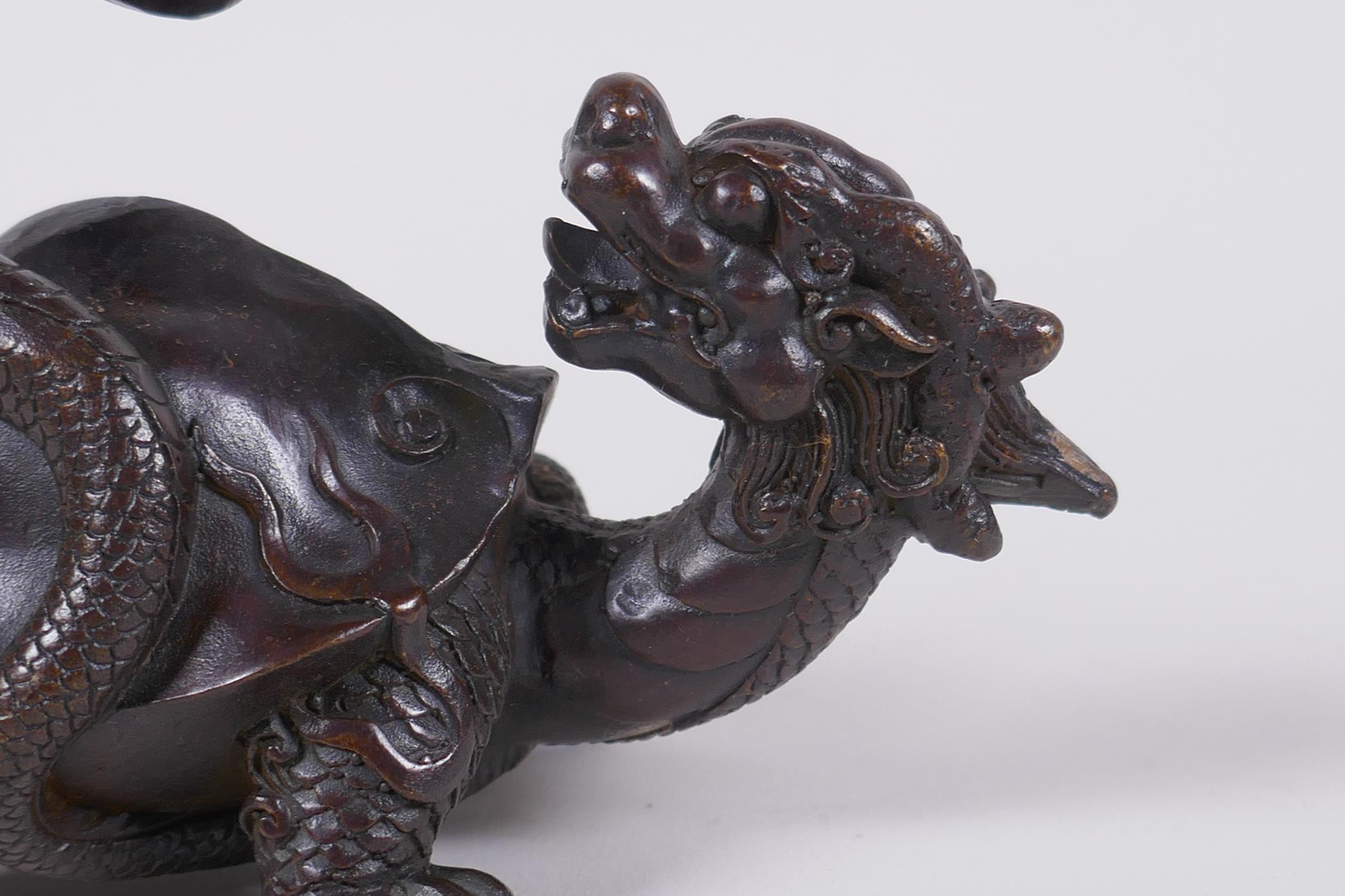 A Chinese bronze figure of a dragon tortoise and snake, 14cm long - Image 2 of 4