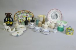 Vintage pie funnels, a C19th Staffordshire spongeware dish, Goss crested ware etc